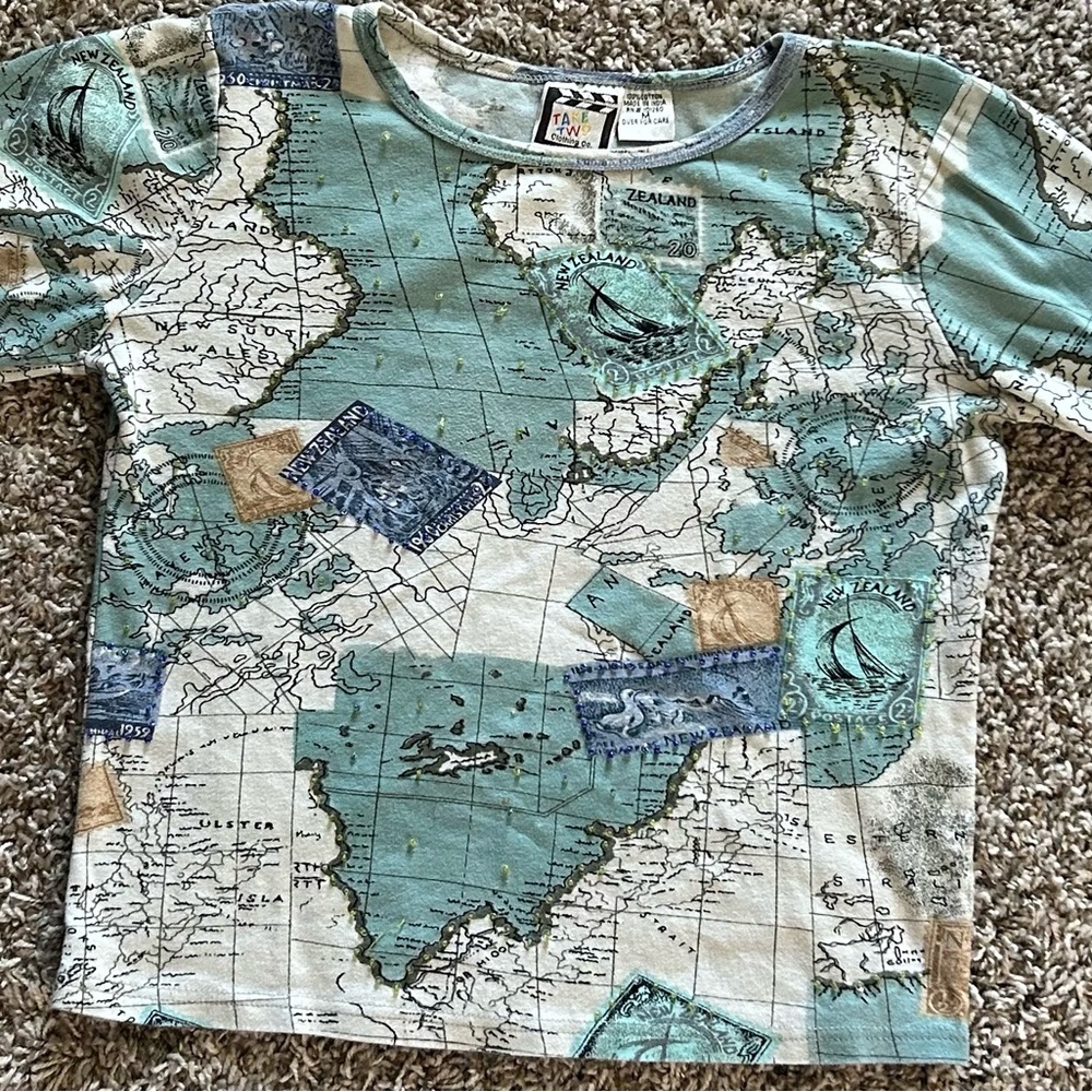 Teal and Cream Map Print Long Sleeve Tee